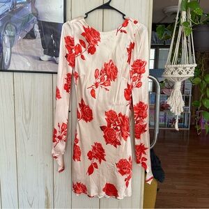 Meshki Davina Satin Long Sleeve Mini Dress in Rose Print. NWT XS